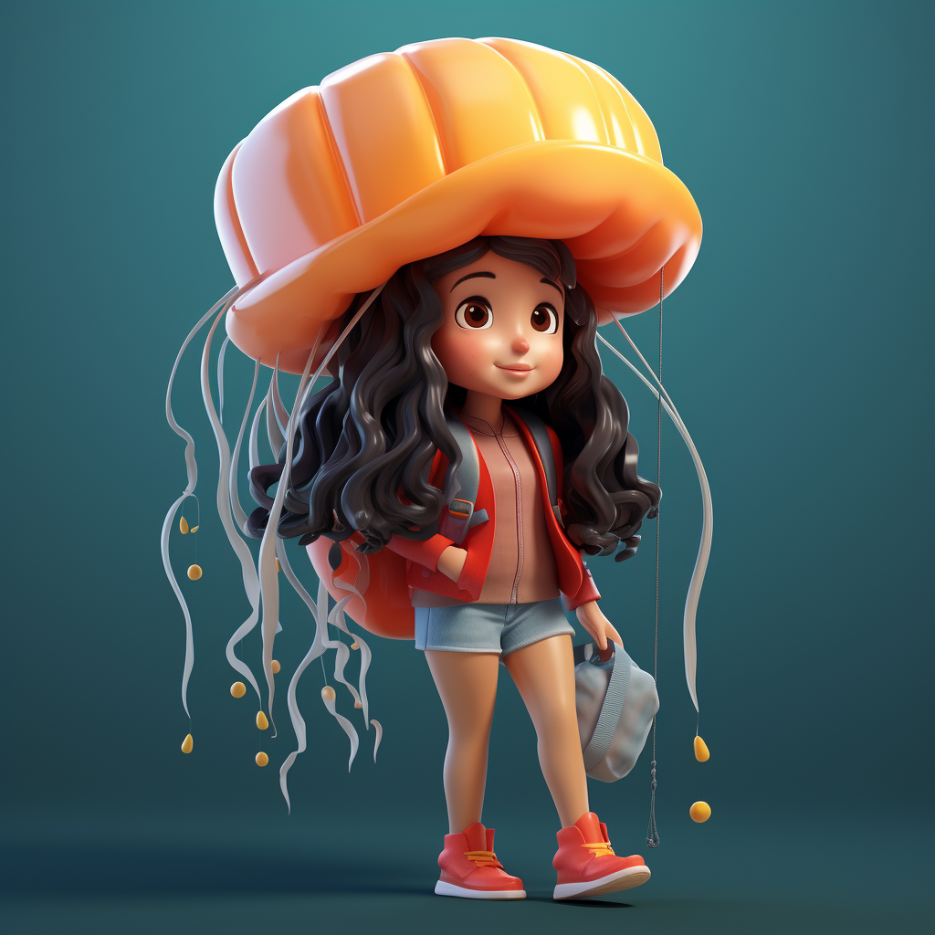 Colorful low poly 3D character holding stuffed jellyfish toy