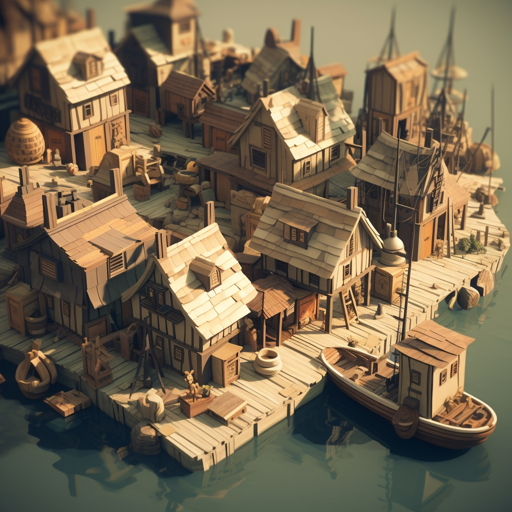 Low Poly Port Village with Docking