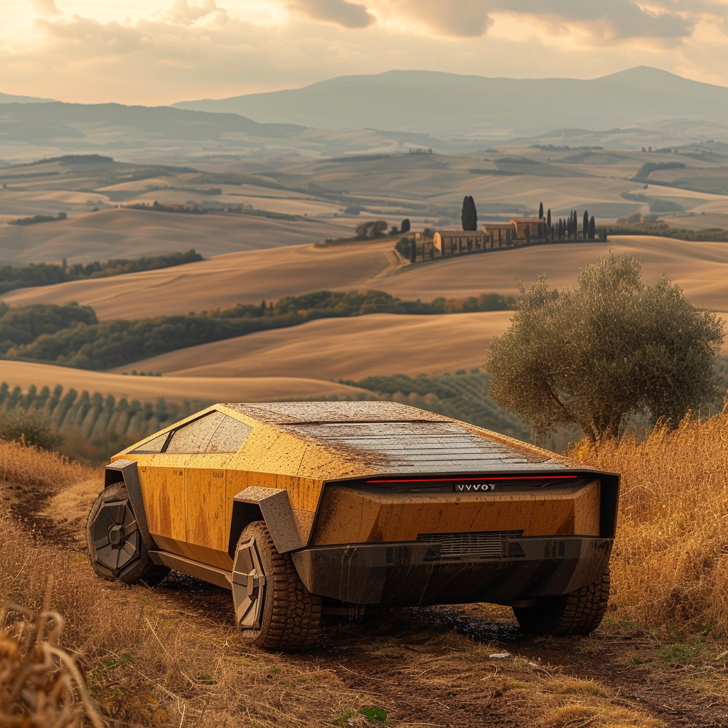 Terracotta Cybertruck in Tuscan Hillside