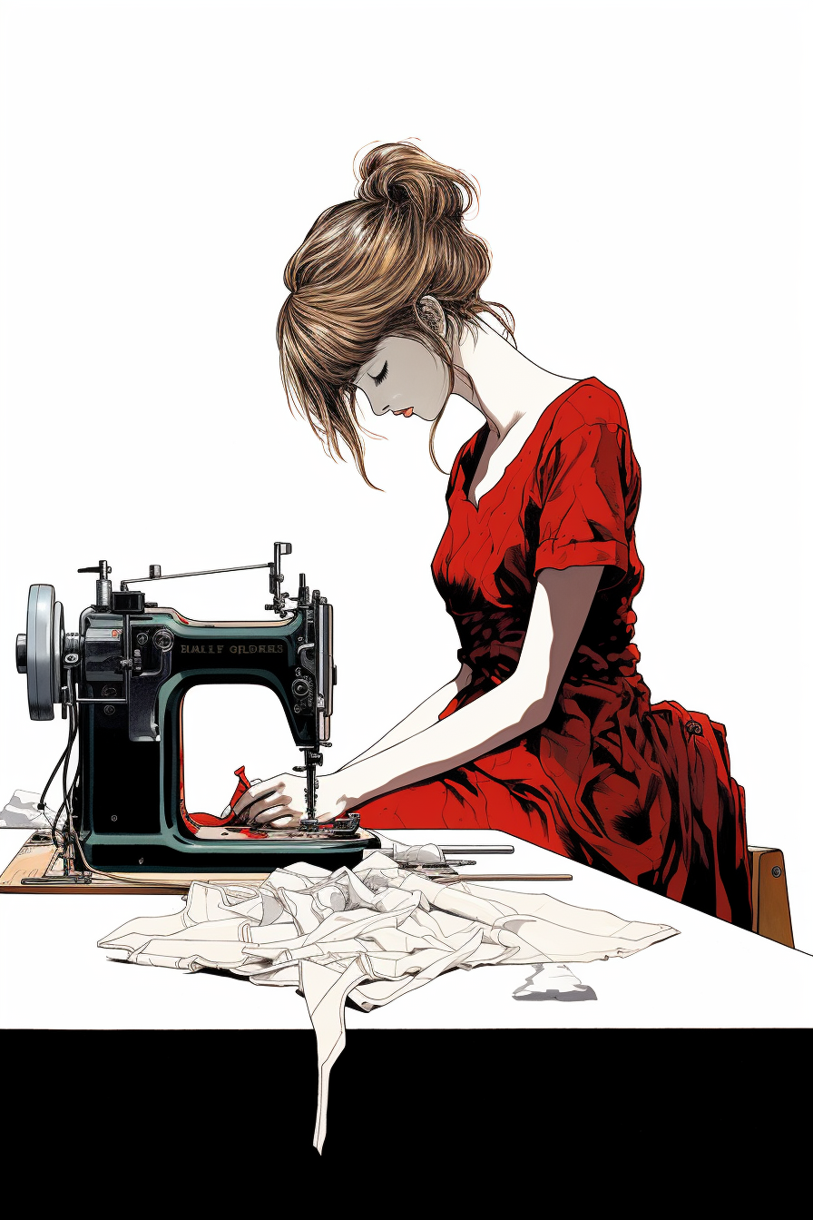 Woman sewing with sewing machine art