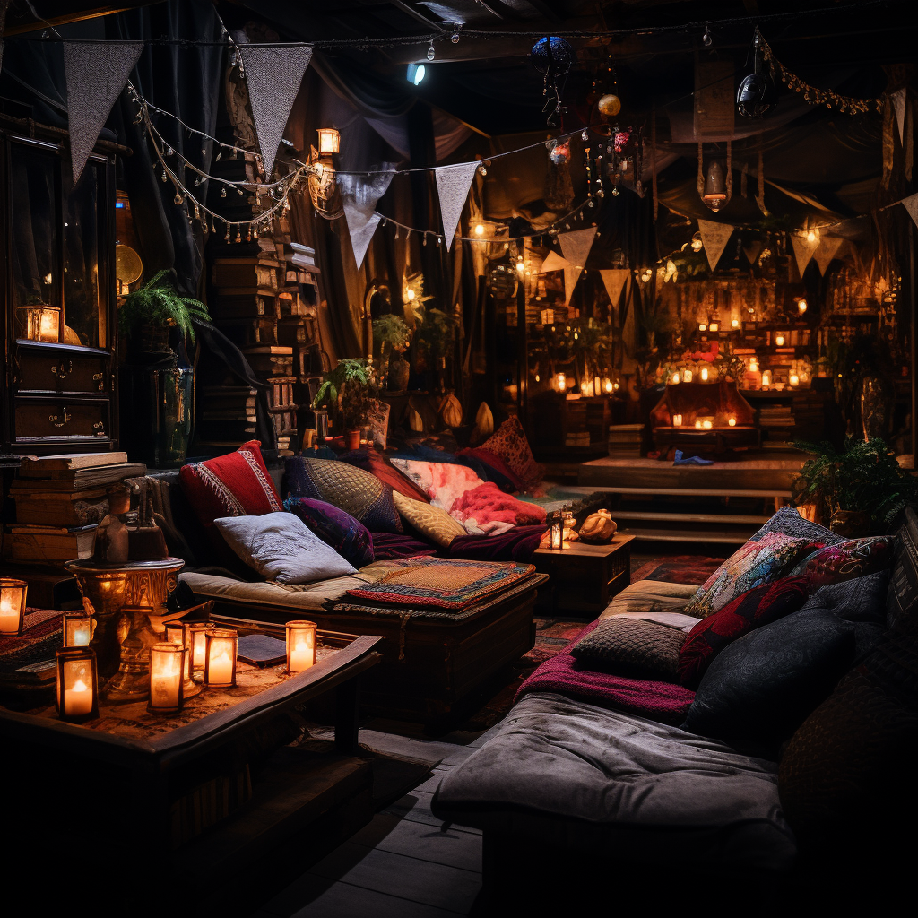 Fantasy Speakeasy with Plush Cushions and Tapestries