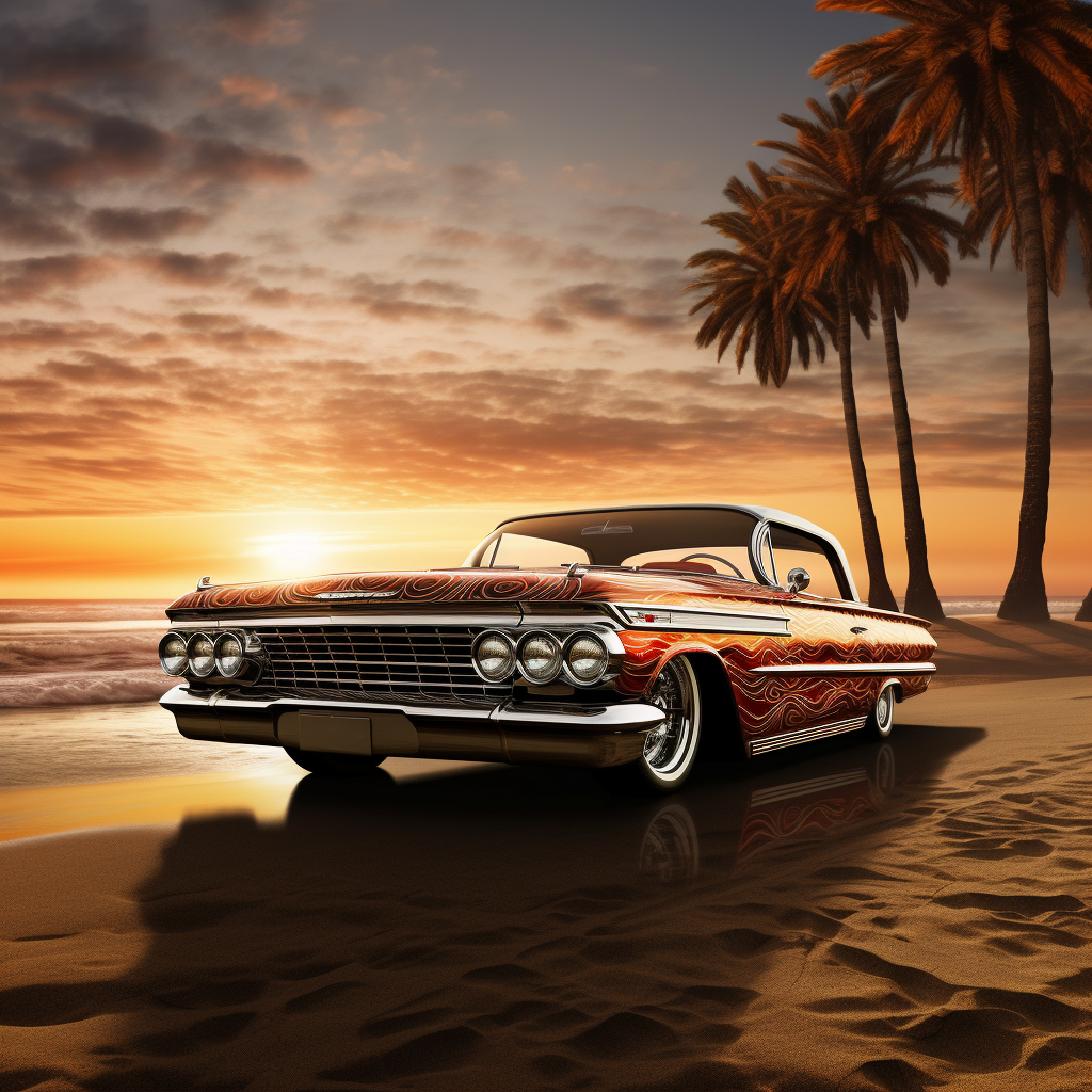 Lowrider car at sunset on California beach