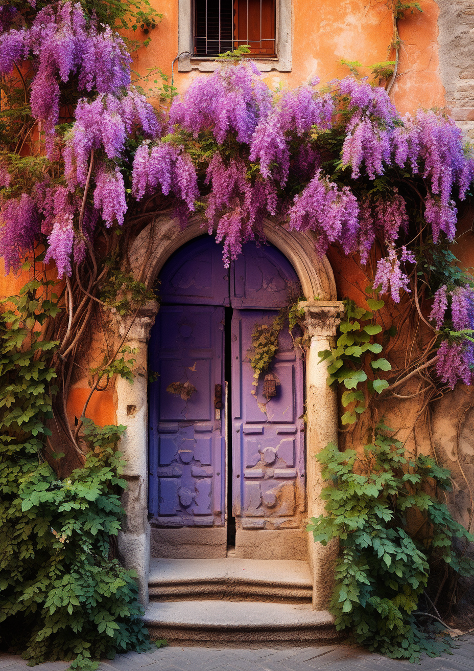 Old World Doorway in Lucca Italy with Wisteria and Vines