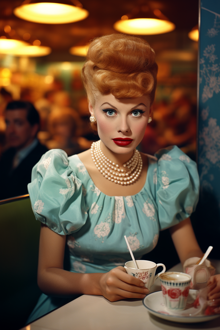 Lucille Ball enjoying coffee in a 1950's diner