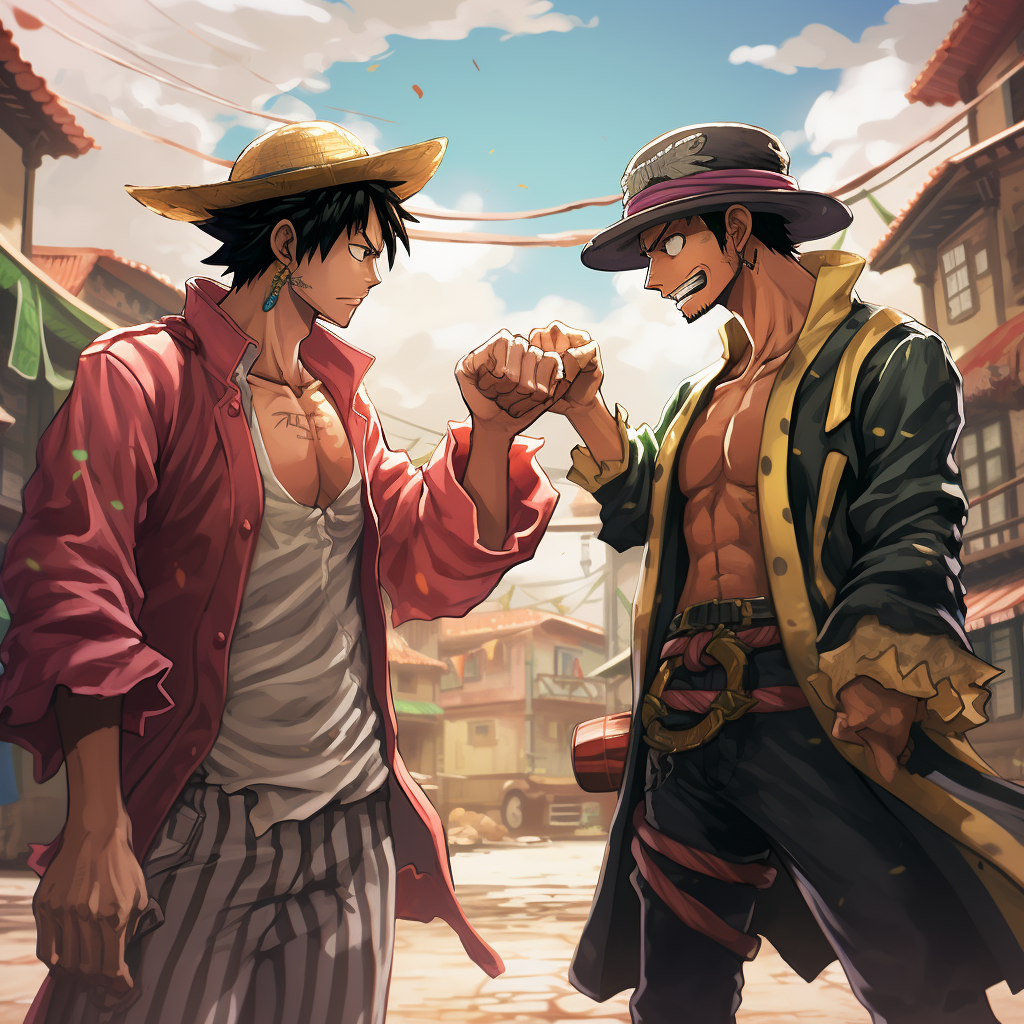 Dynamic fist bump between Luffy and Jotaro