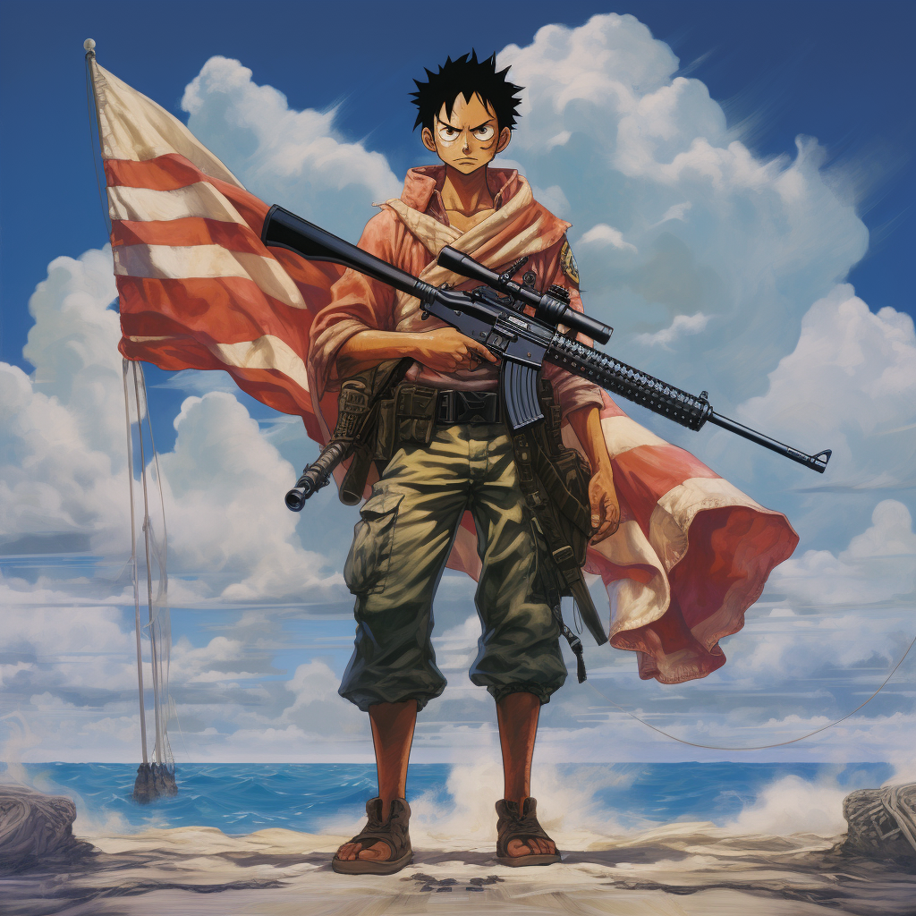 Luffy standing with an M16 rifle