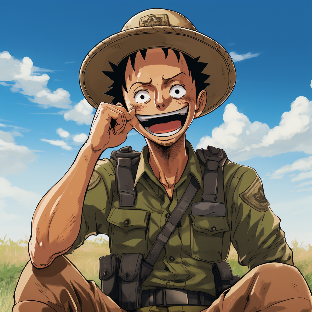 Luffy sitting with Israeli soldiers anime style