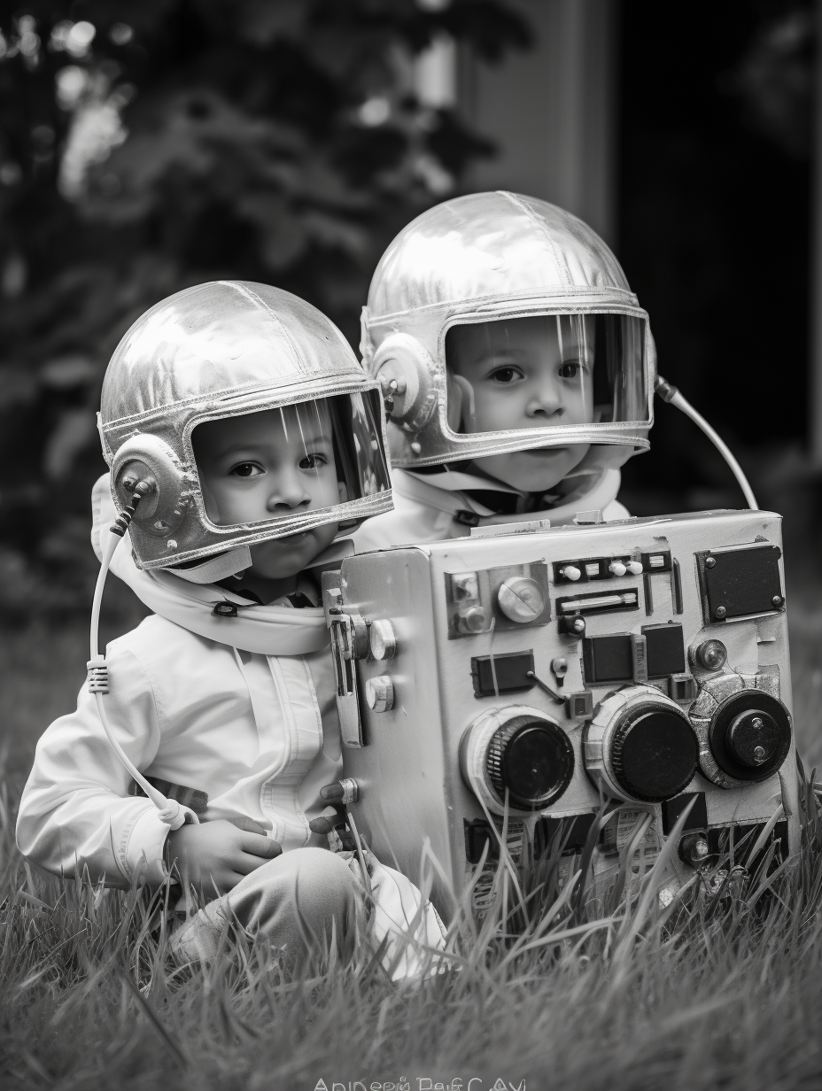 Children wearing cardboard box helmets in backyard