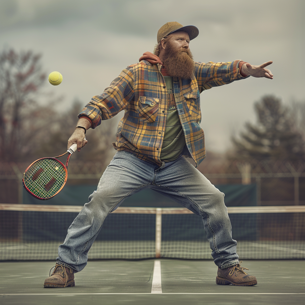 Lumberjack serving tennis ball on grass court