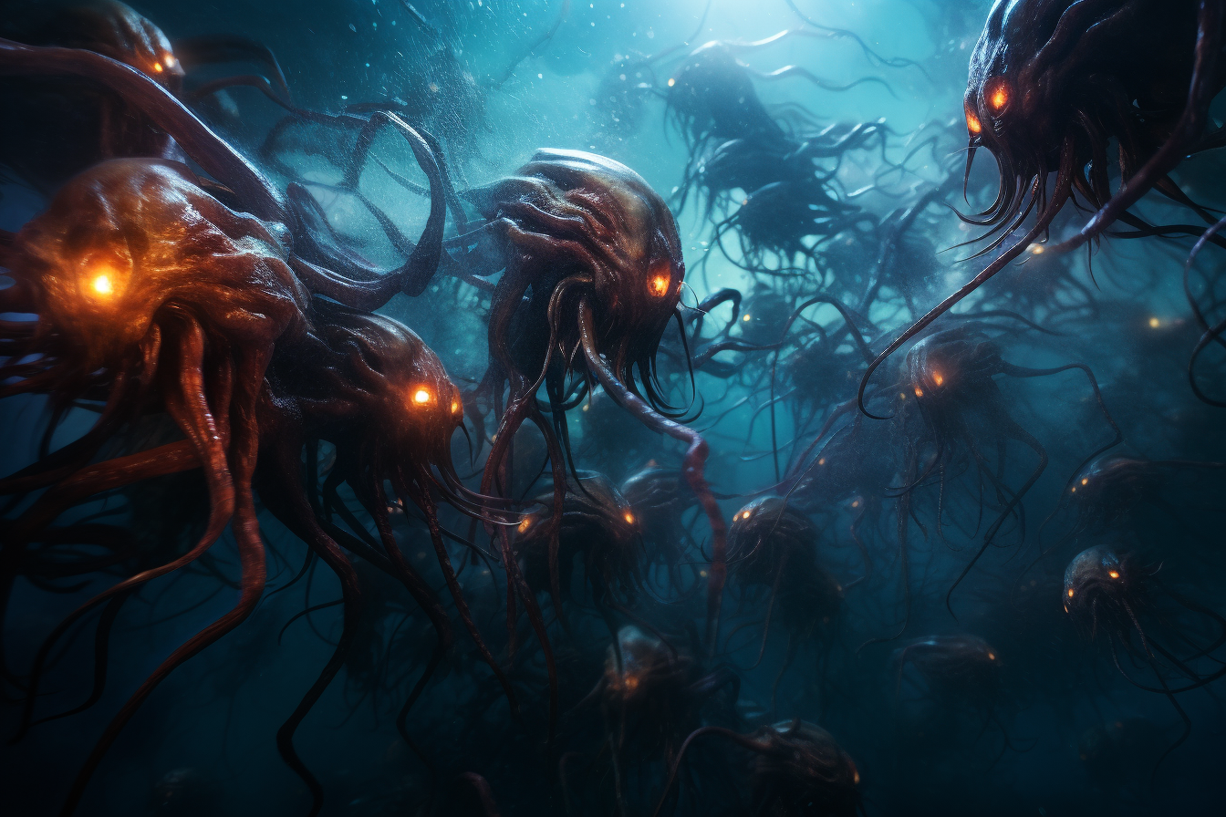 Colorful luminous scary underwater monsters