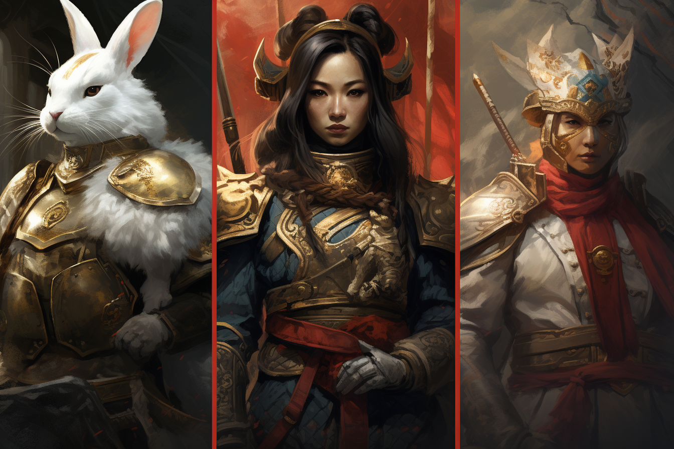 Elegant woman, Chinese general, and adorable rabbit