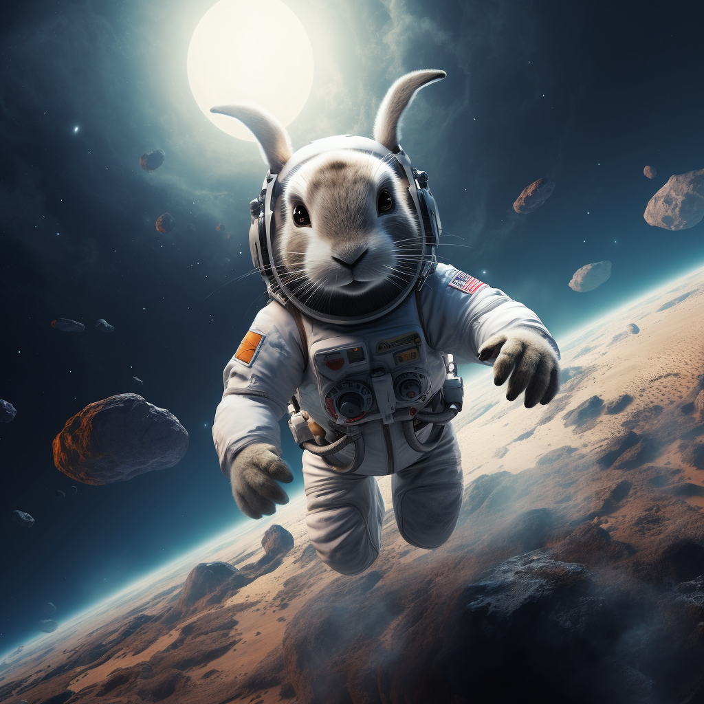 Cute bunny rabbit in a spacesuit exploring the moon