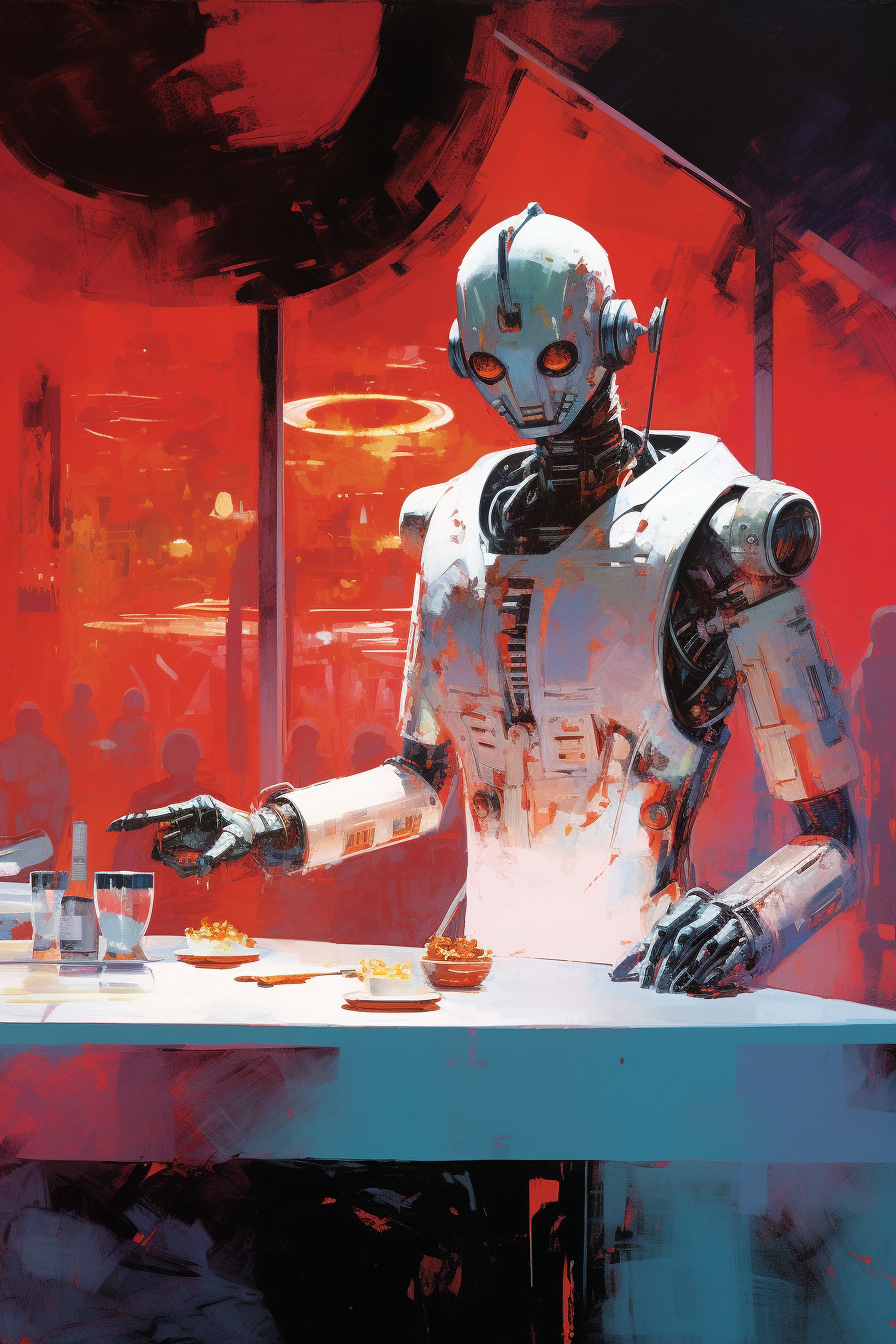 Smiling chrome robot in lunar diner advertisement