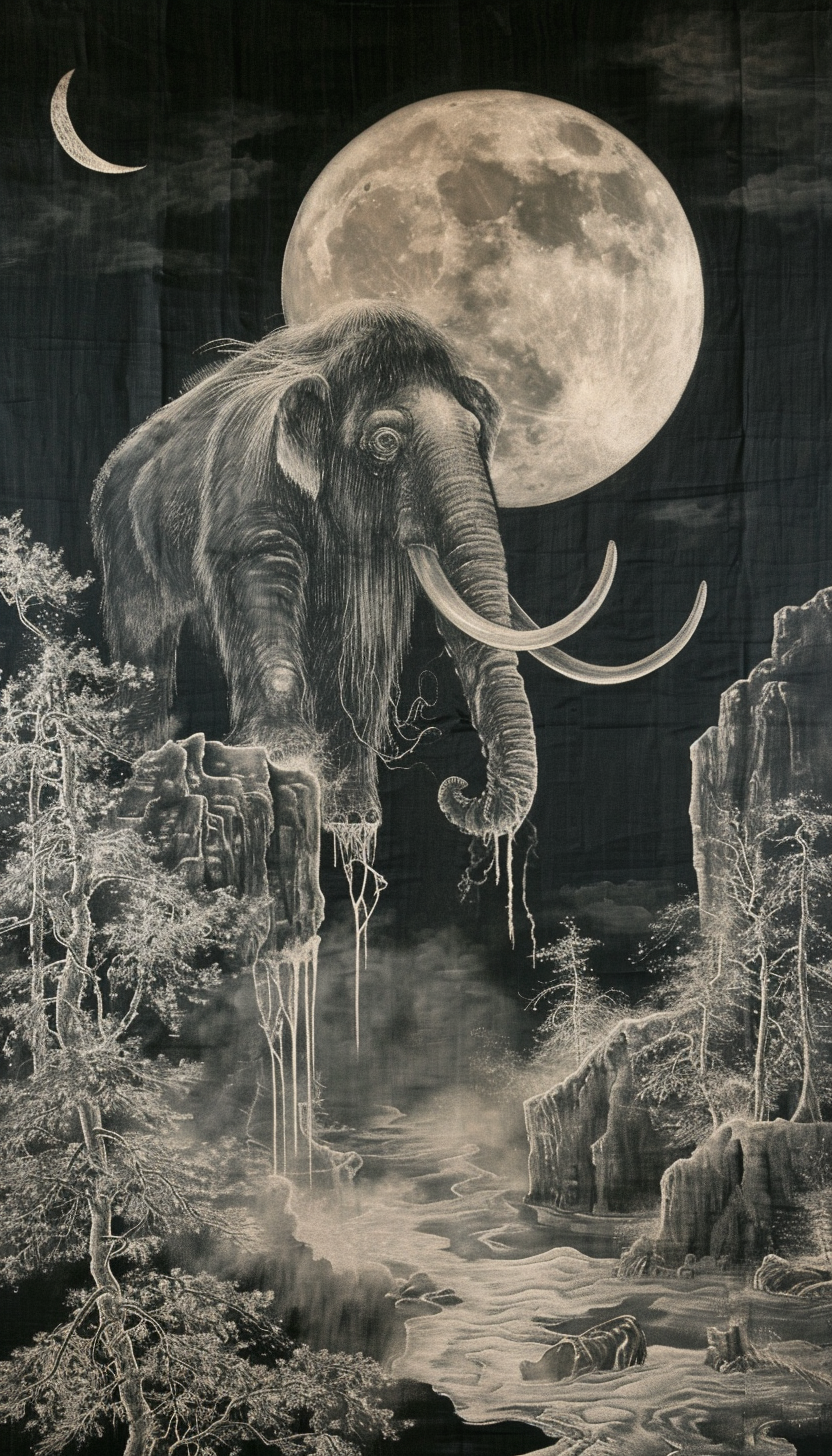 Lunar Lumber Moonlit Mammoths Charcoal Sketch 3D Embroidered