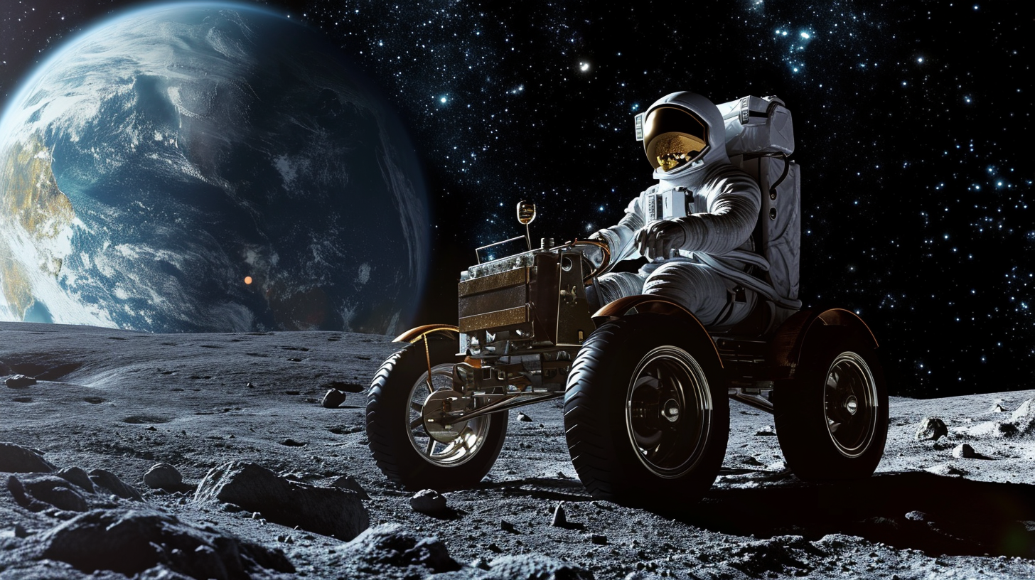 Astronaut driving lunar rover on moon surface