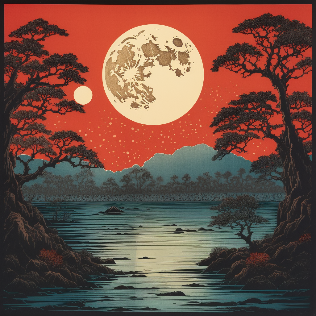 Hiroshige style lunar eclipse image