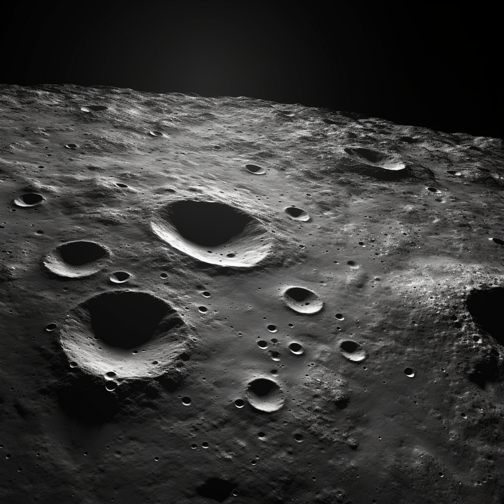 Black and white cinematic shot of lunar surface with rocks' shadows