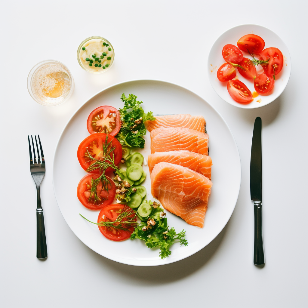 Salmon lunch table with parsley and tomatoes