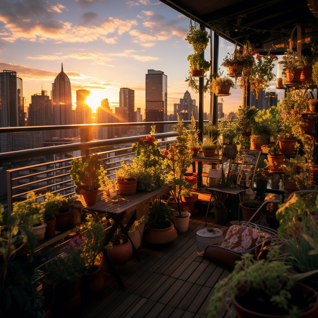 Beautiful balcony garden with city skyline backdrop