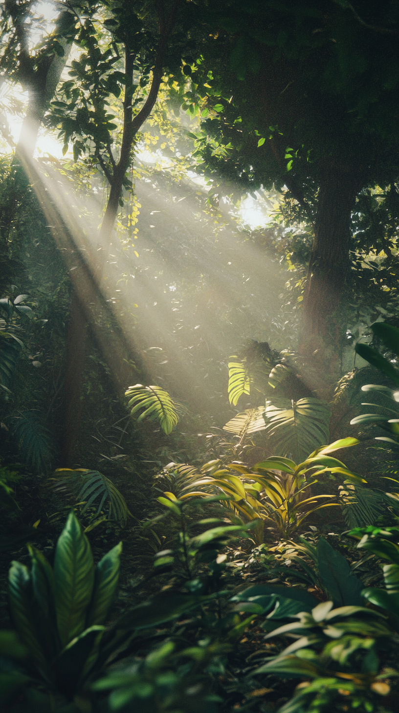 Lush forest with sunbeams