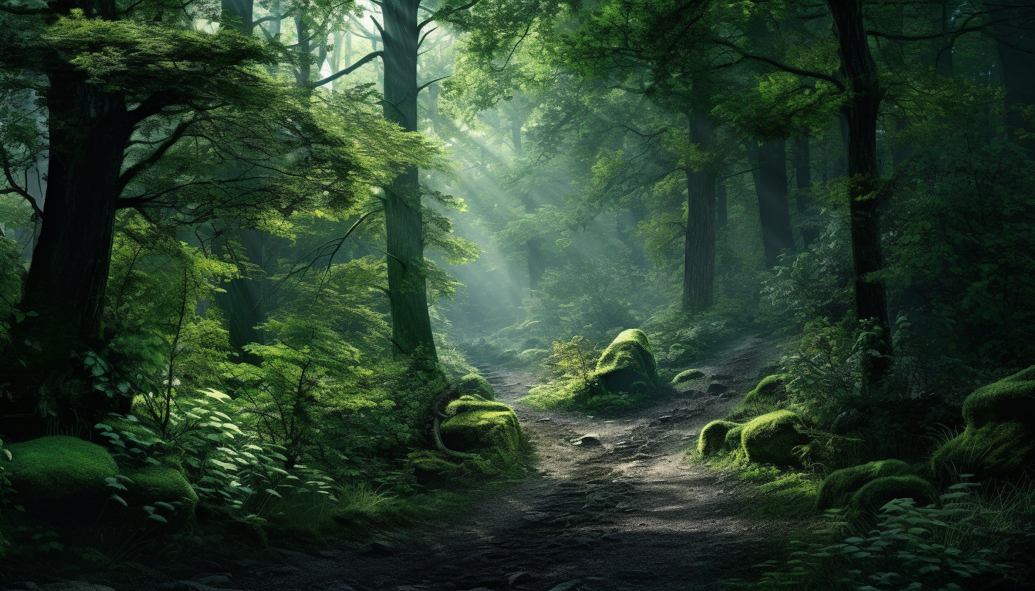 Serene lush green forest with mist