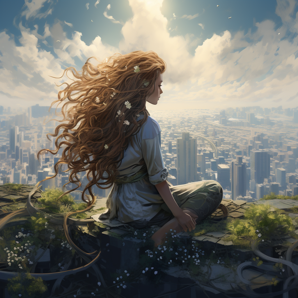 Beautiful female hero with lush hair sitting at the end of the world