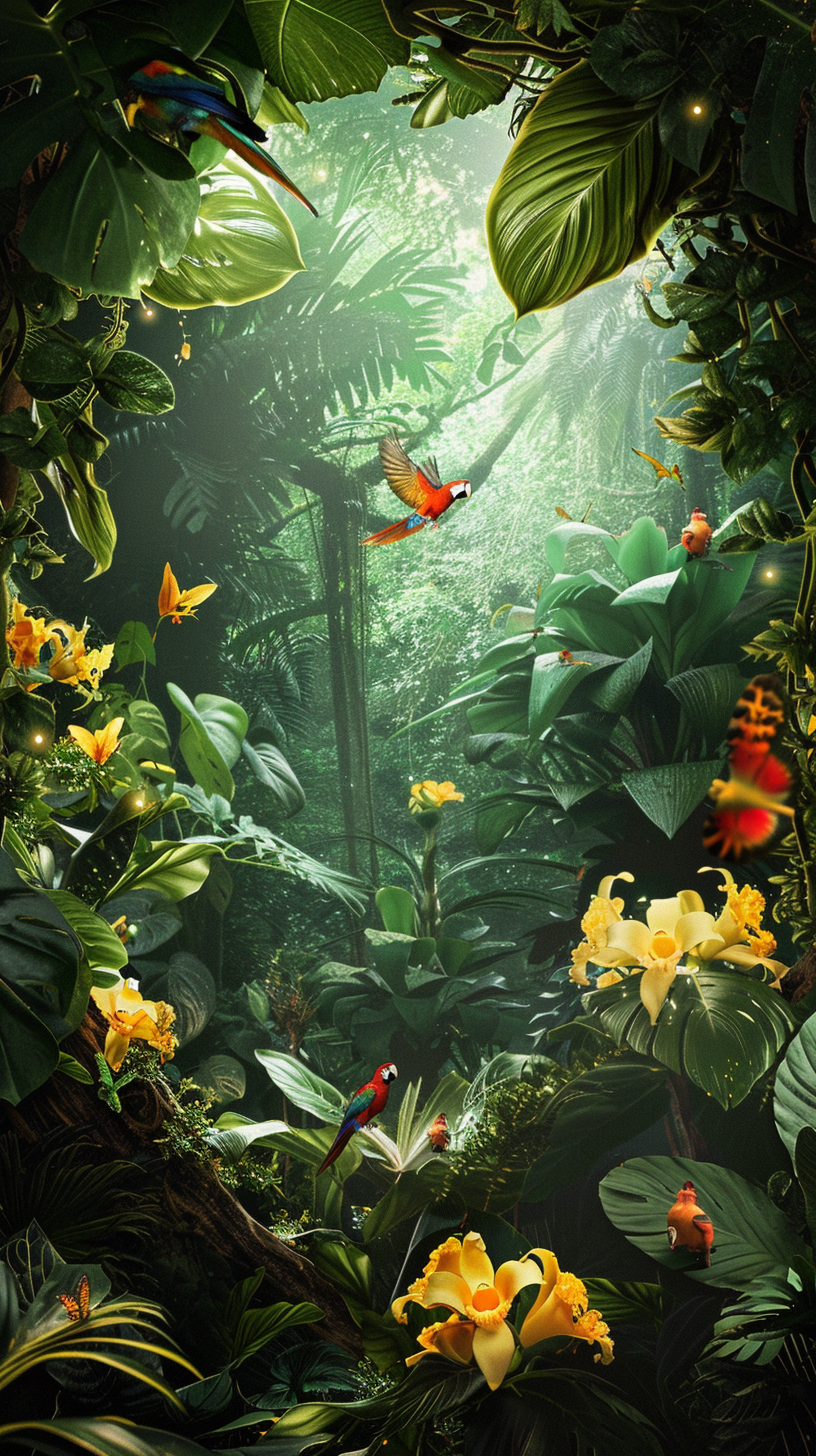 Colorful lush jungle with green leaves