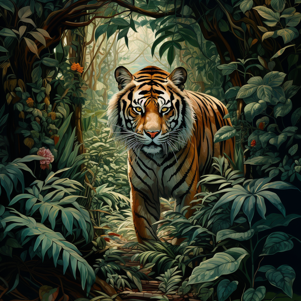 Tiger walking through lush jungle