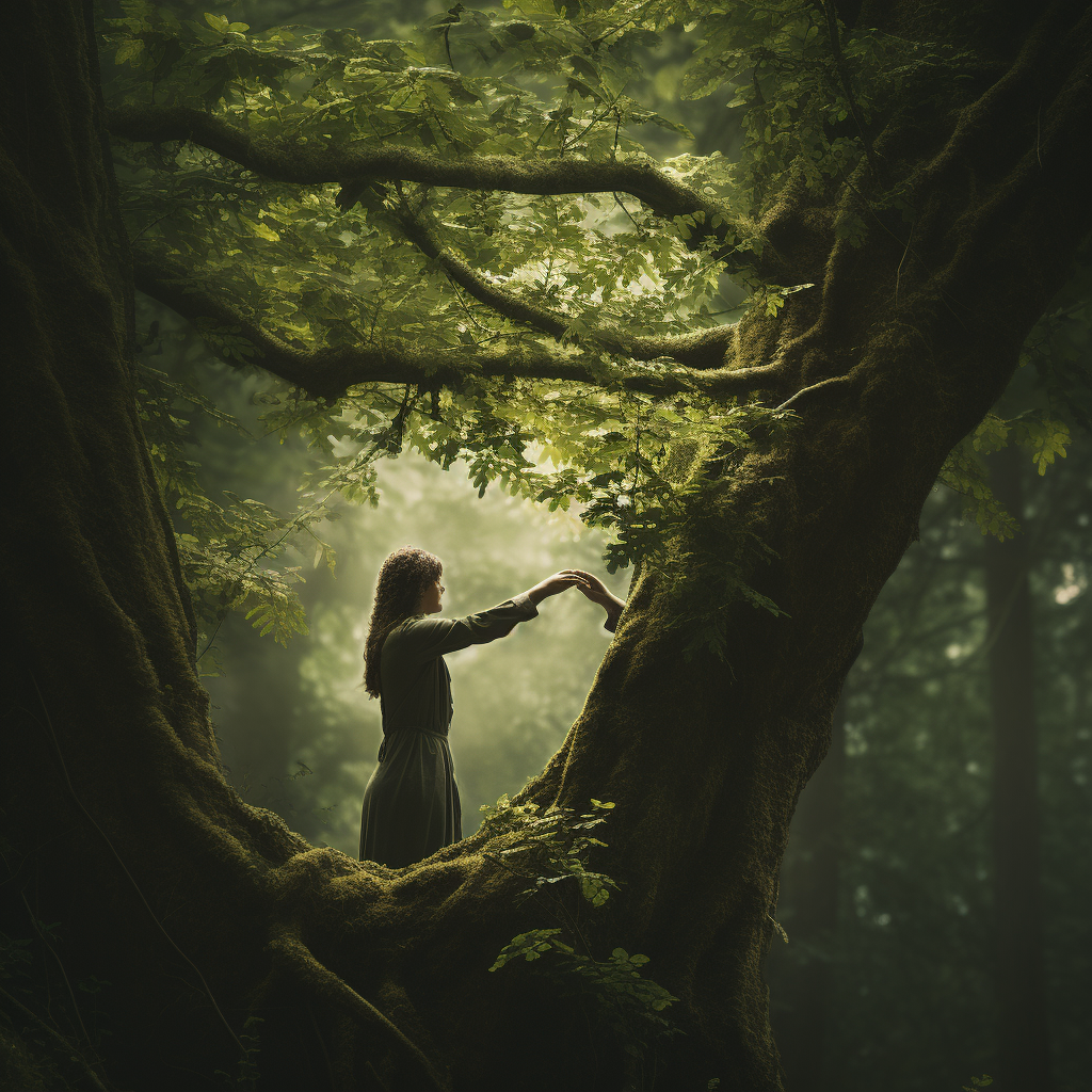 Image of a lush tree with a man and woman holding its branches.