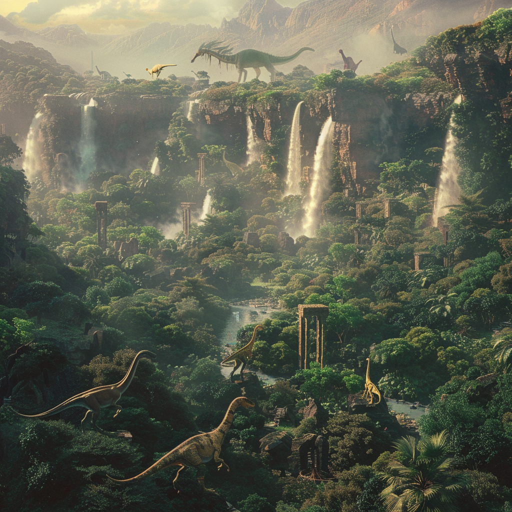 lush valley waterfalls dinosaurs city