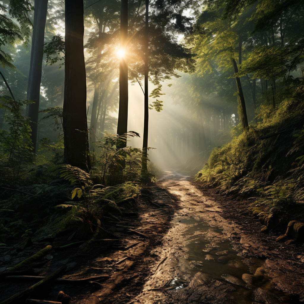 Serene lush forest at sunrise