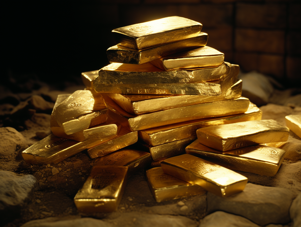 Pile of lustrous gold ingots at Fort Knox