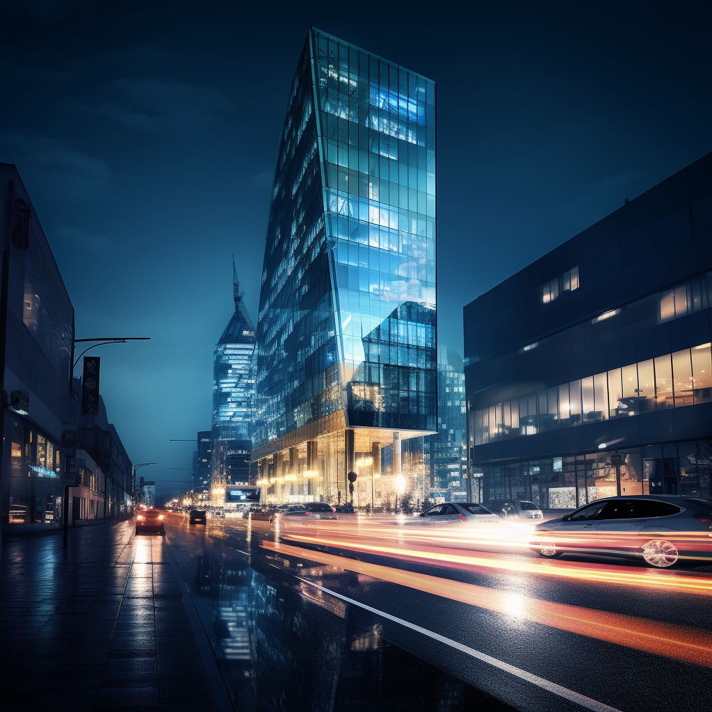 Glass tower of luxurious city center hotel at night