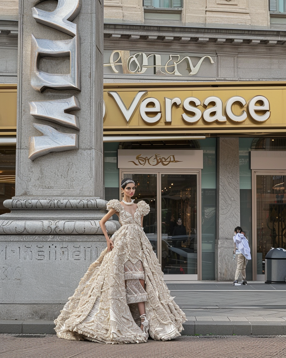 Versace model wearing luxurious outfit