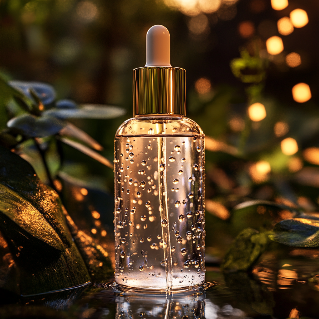 Cosmetic bottle in lush forest