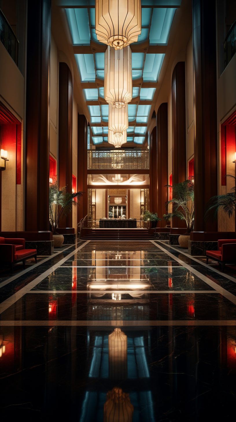 Luxurious hotel lobby at night