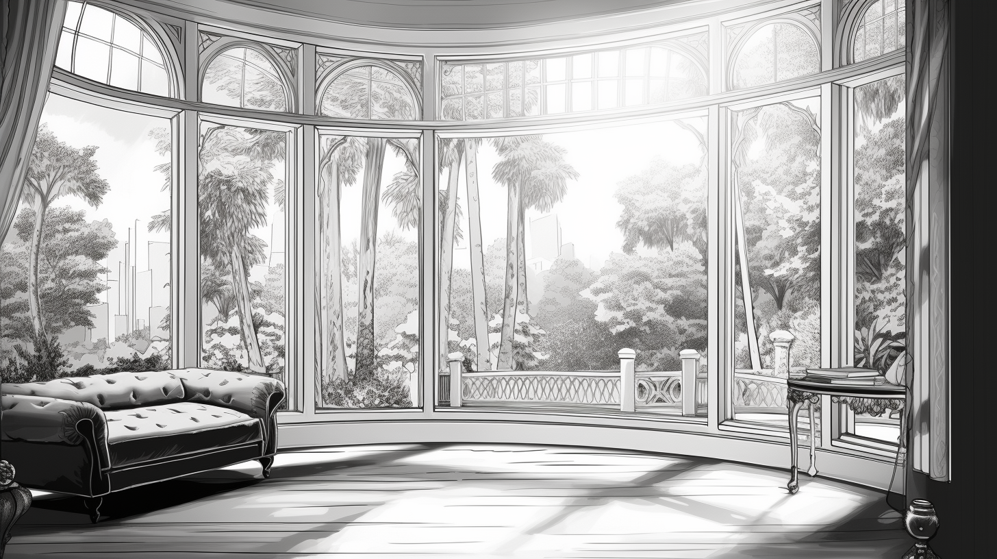 Bay window view of luxurious house garden