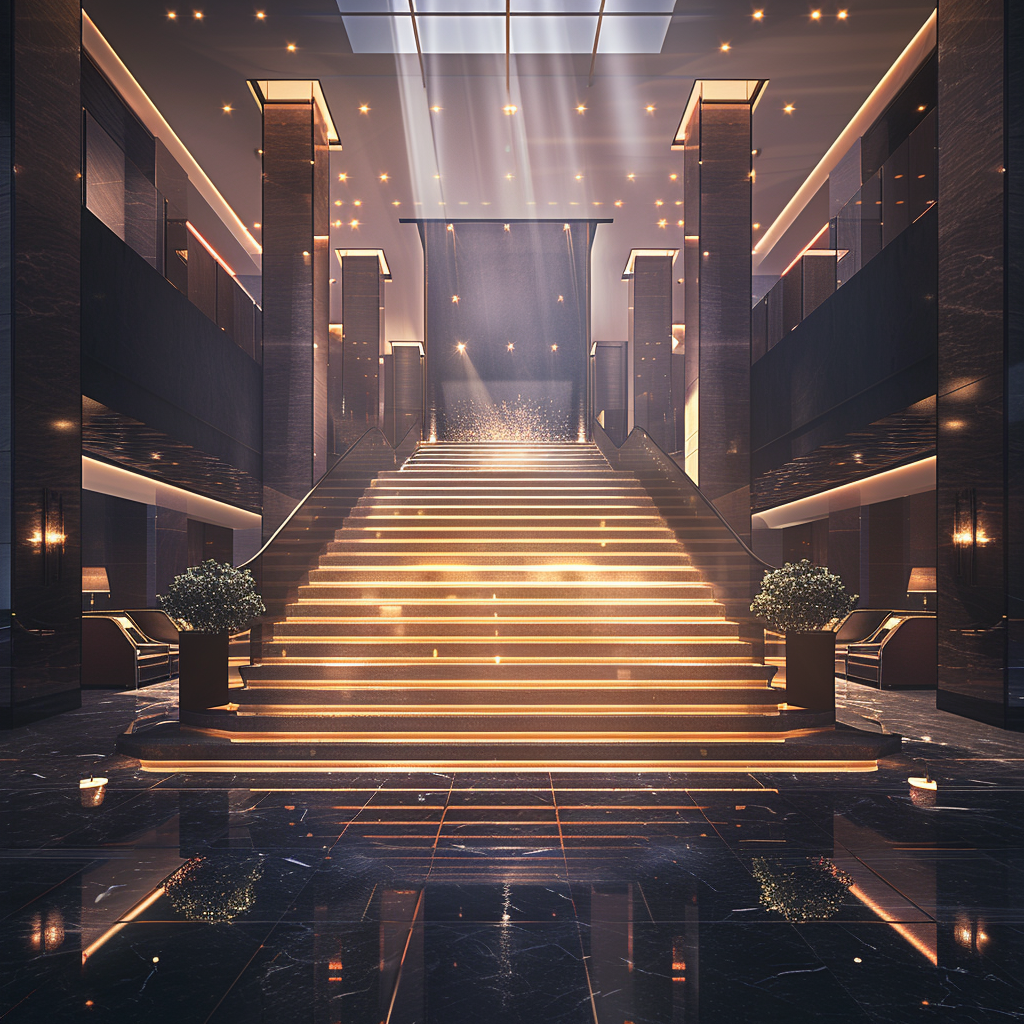 Luxurious lobby staircase glowing light