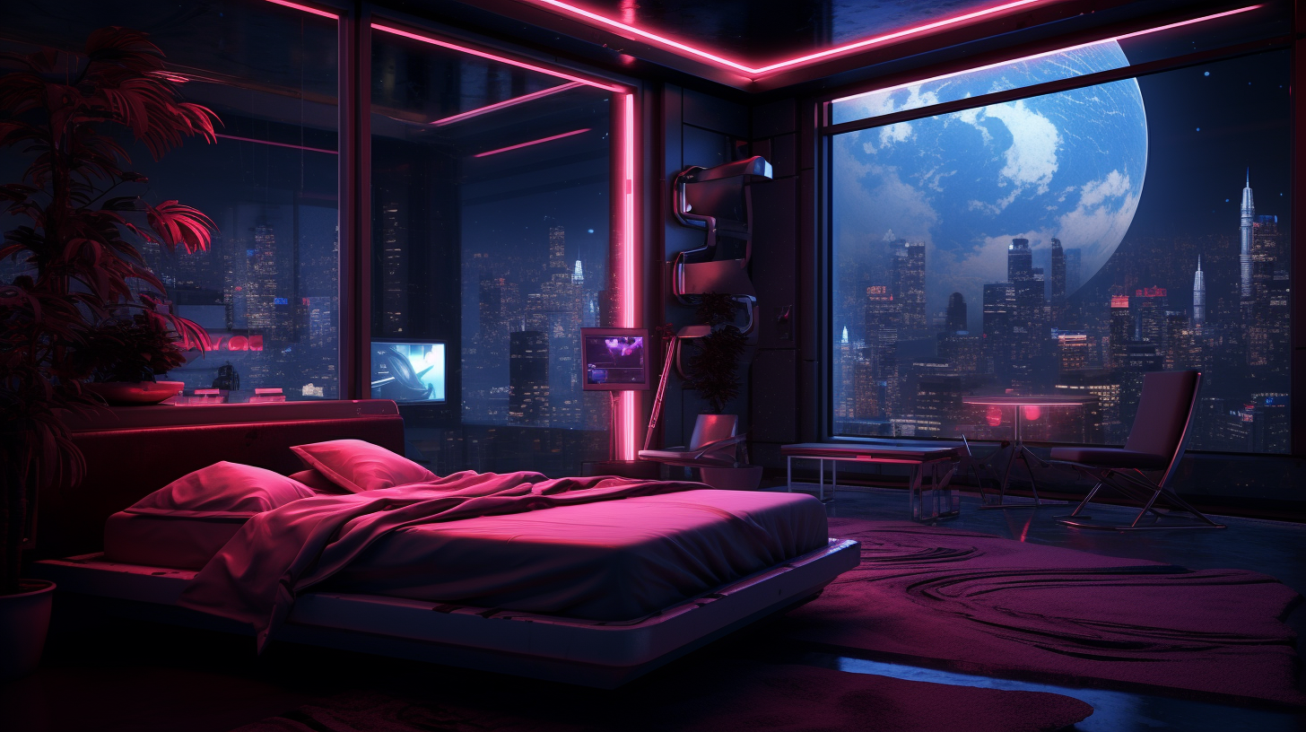 Luxurious neon cyberpunk hotel room