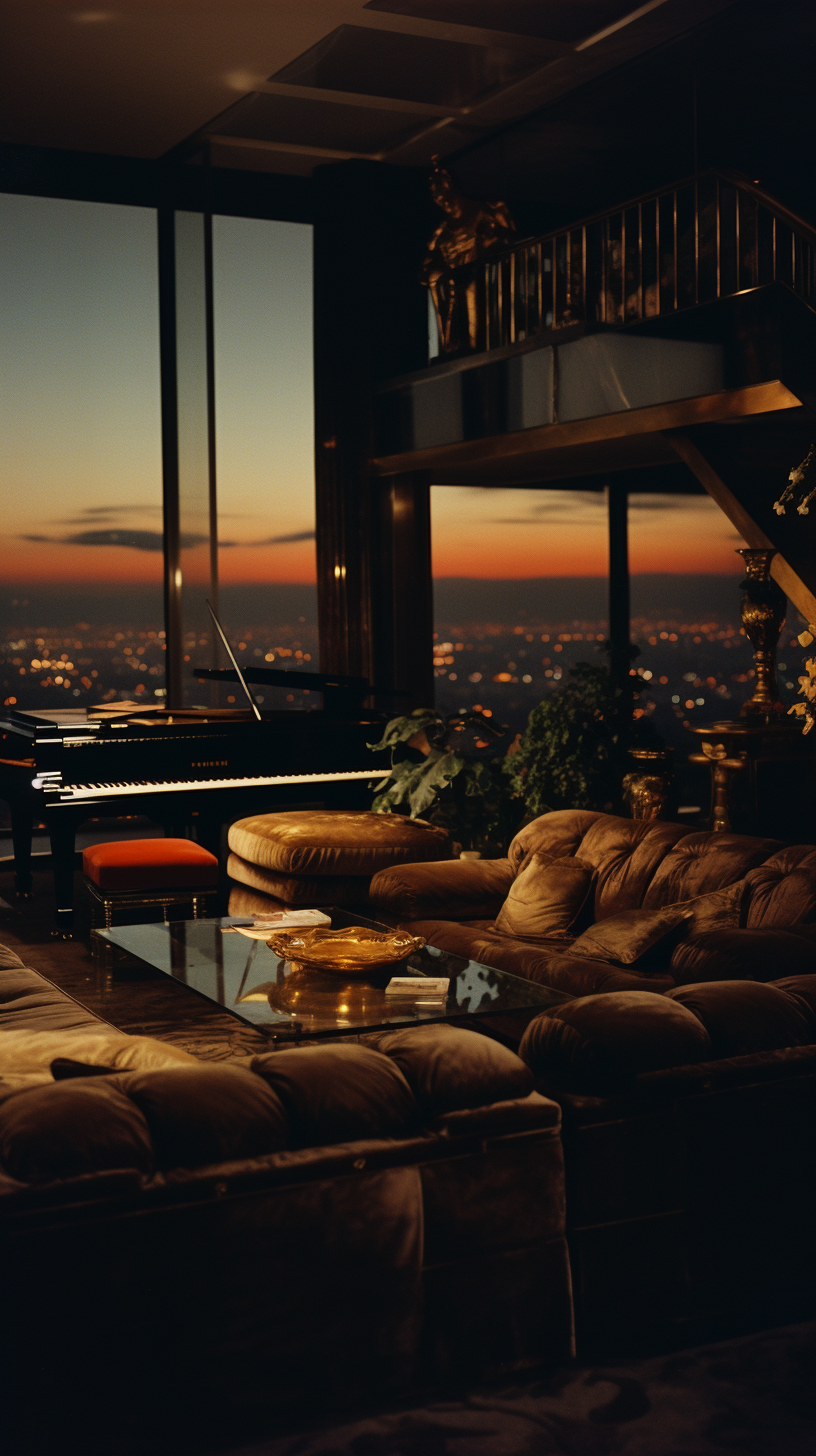 Luxurious penthouse living room at night