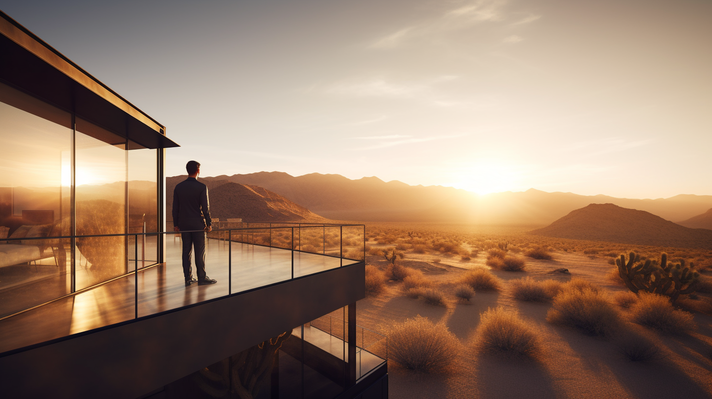 Standing individual on a luxurious real estate terrace