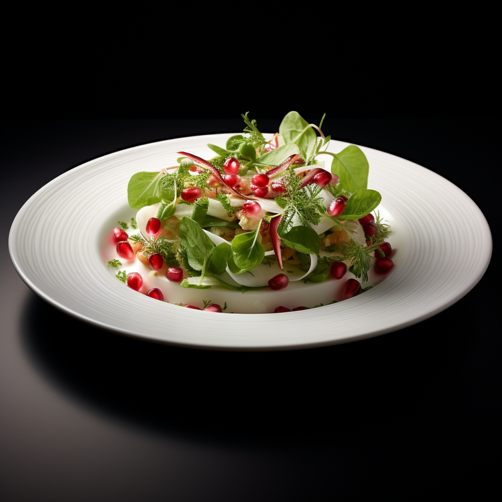 Luxurious Gourmet Salad in White Porcelain Plate with Pomegranate Seeds