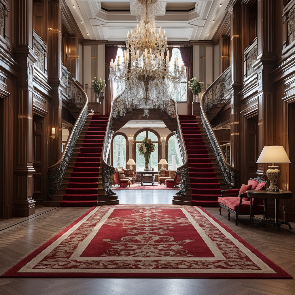 Luxurious house interior with chandelier and red carpet