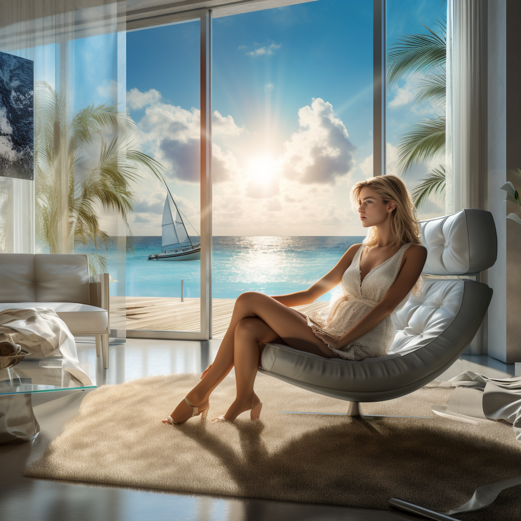 Luxurious woman in modern living room on beachfront property