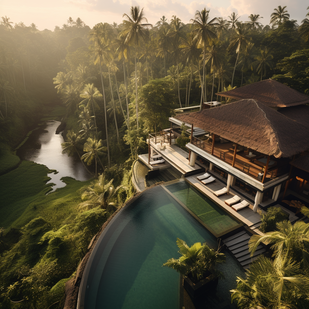 Aerial view of luxury Bali villa surrounded by lush jungle