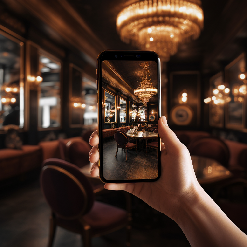 Hand holding iPhone in luxury bar