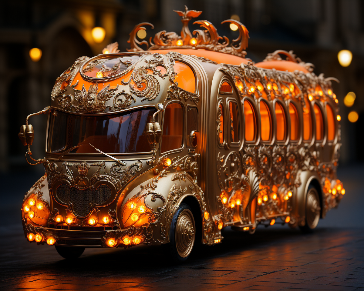 Luxury baroque bus pumpkin sculpture at night