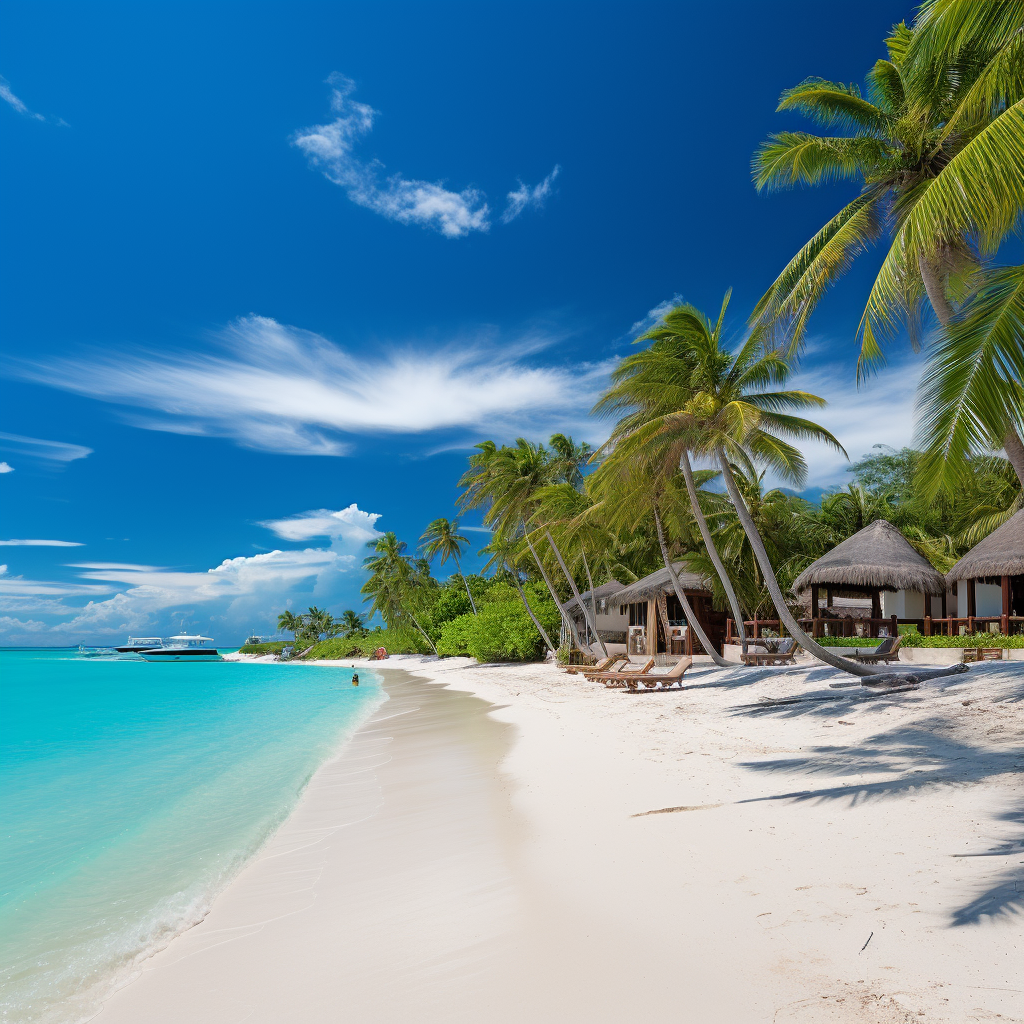 Pristine white sandy beach, turquoise sea, and palm trees