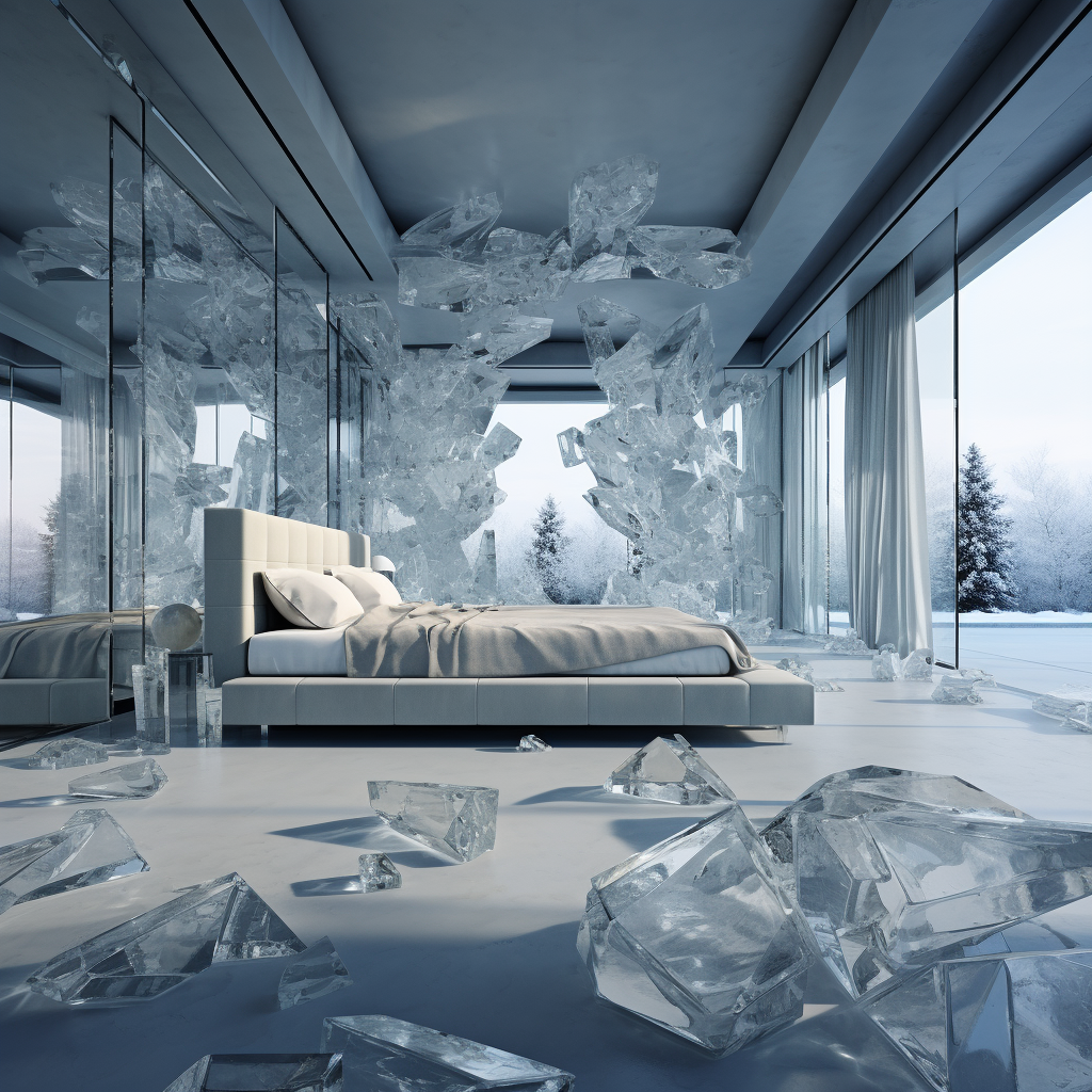 Luxury bedroom with glass walls and icecubes  ?