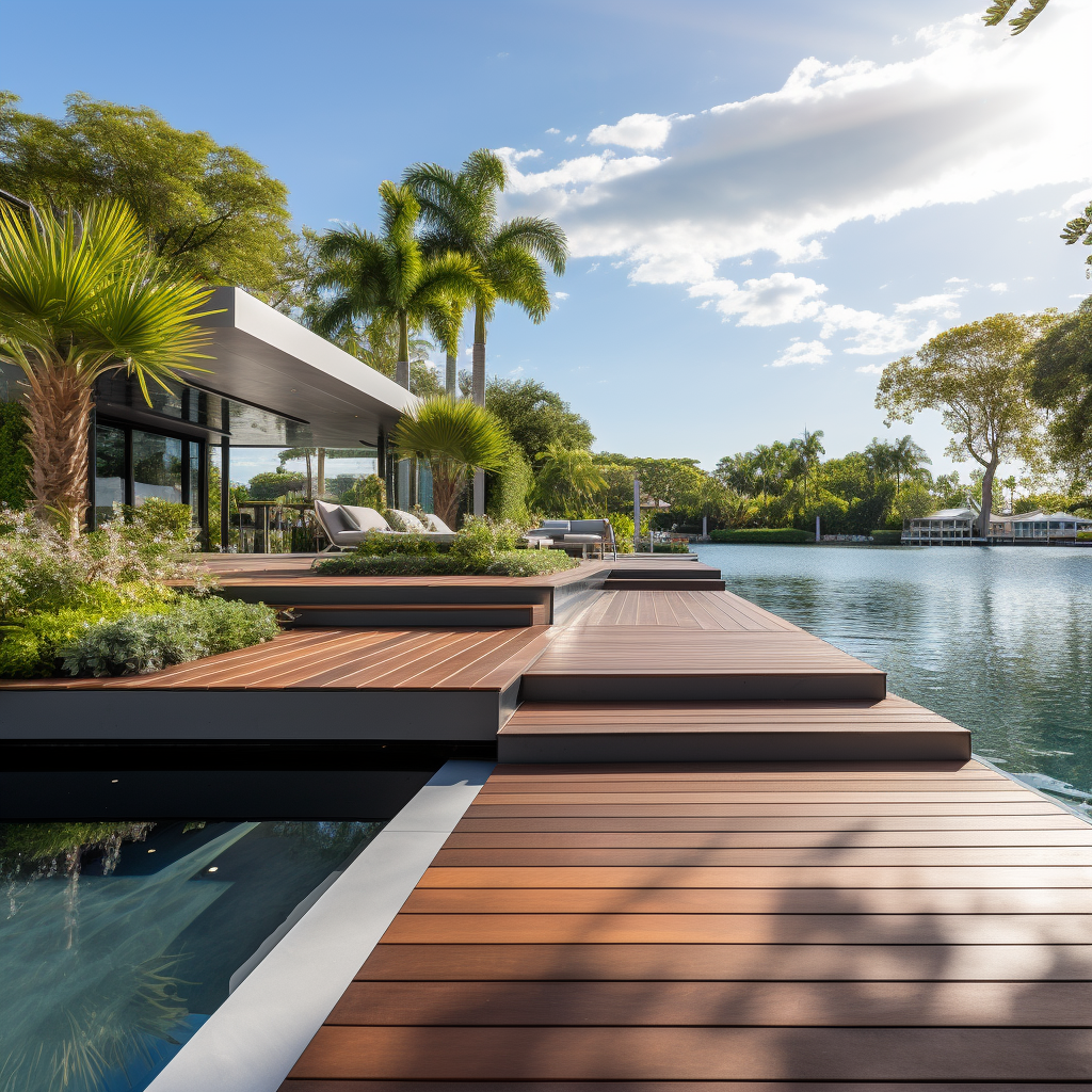 Contemporary Luxury Boat Dock with Pool and Garden